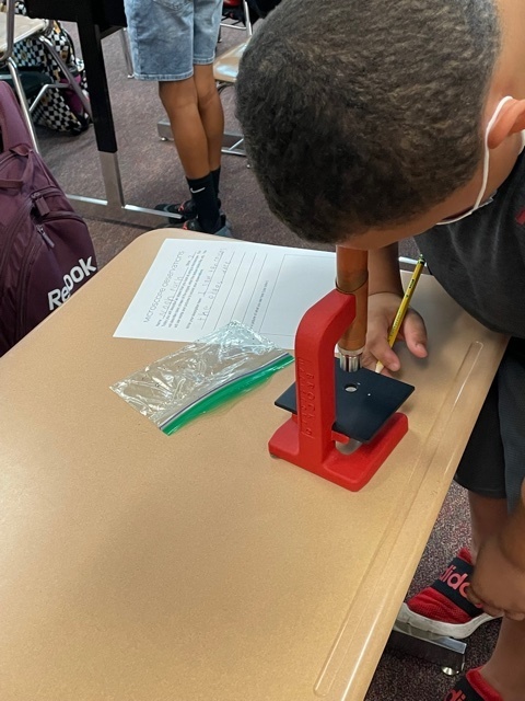 student looking into microscope