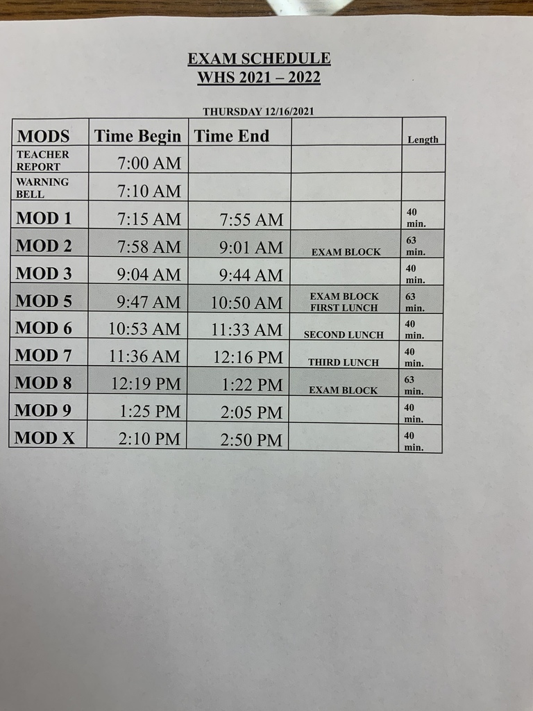 Thursday 12/16 Exam Schedule