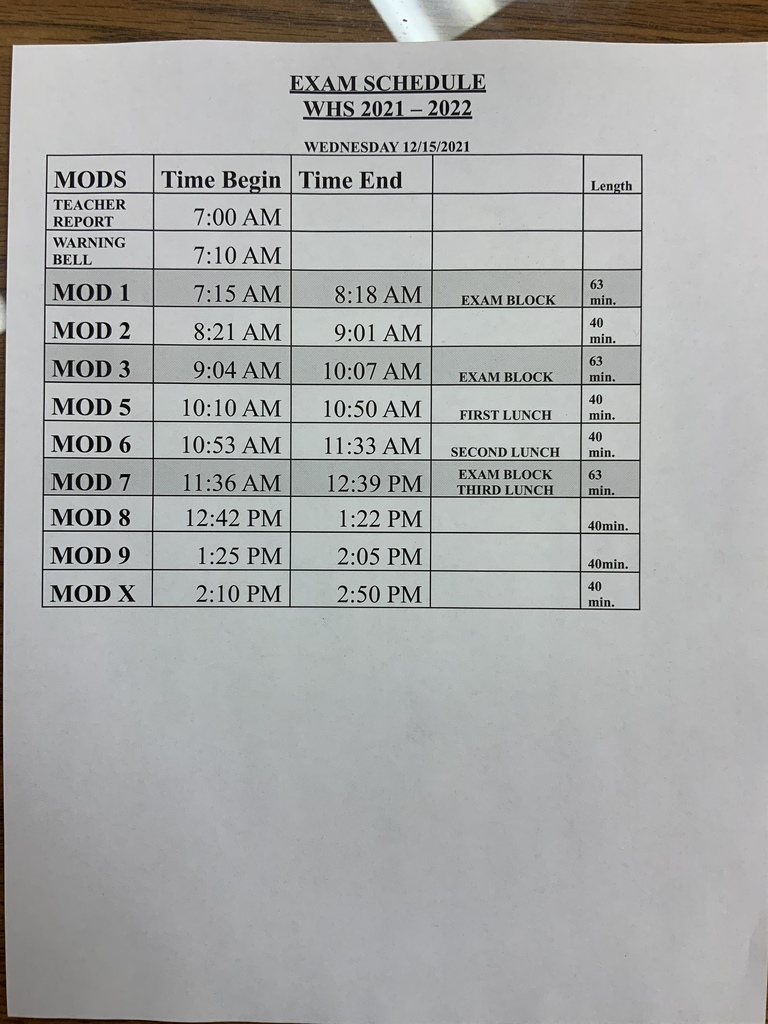 Wednesday 12/15 Exam Schedule
